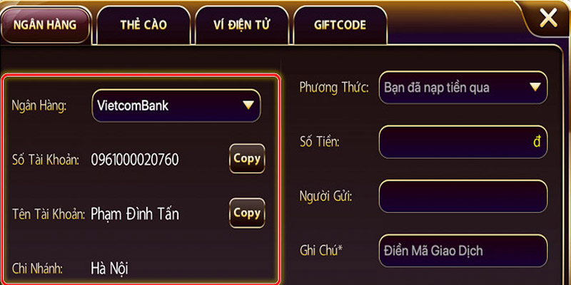 Điền thông tin rút tiền